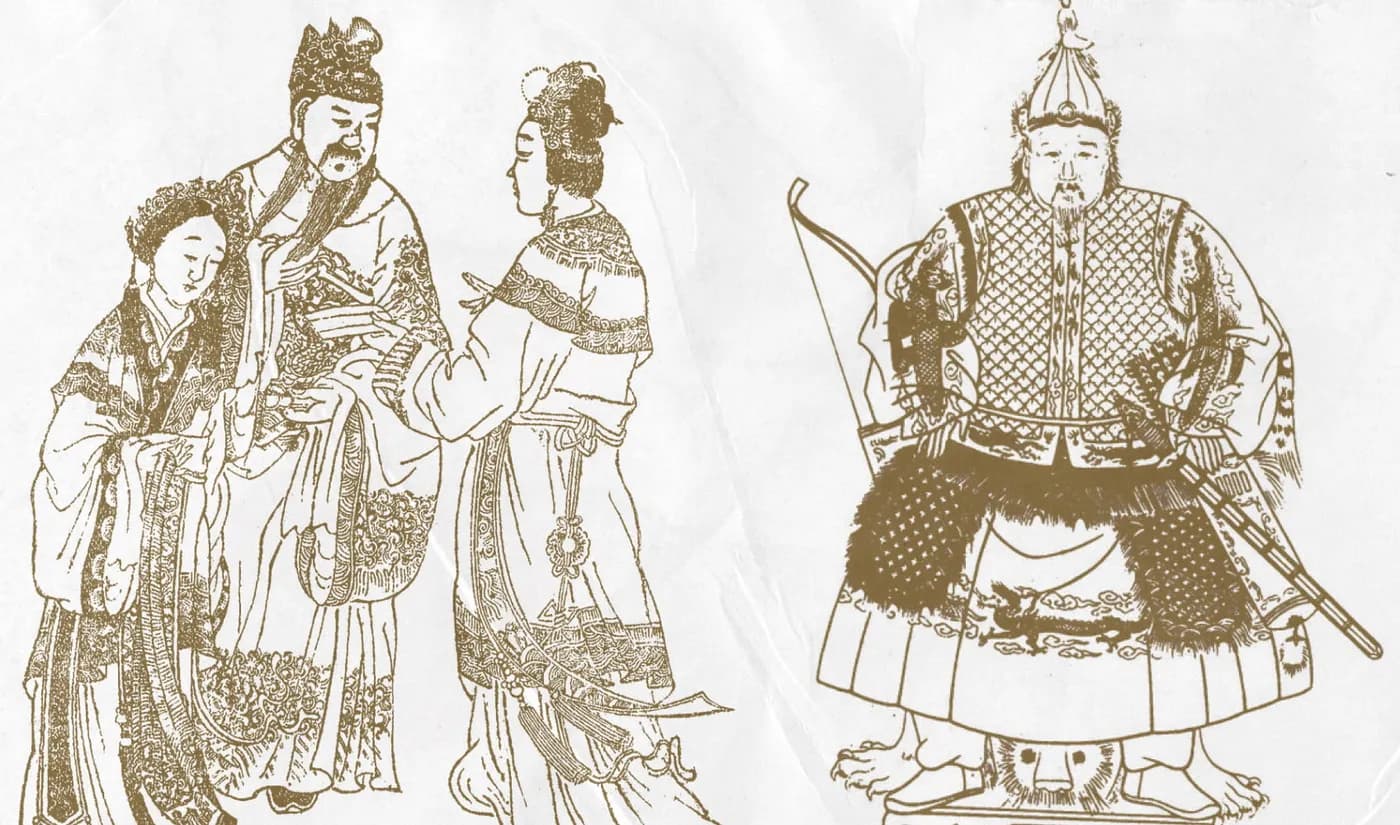 1) Персонажи романа Троецарствие: Супруга Дǒн, император Сиань и императрица Фу Сёу. 2) Губернатор провинции во времена династии Мин, одетый в военную одежду, включая меч, лук и ковчан