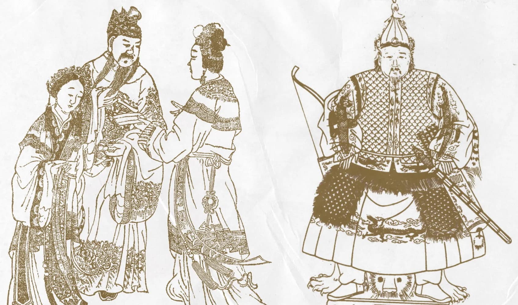 1) Персонажи романа Троецарствие: Супруга Дǒн, император Сиань и императрица Фу Сёу. 2) Губернатор провинции во времена династии Мин, одетый в военную одежду, включая меч, лук и ковчан