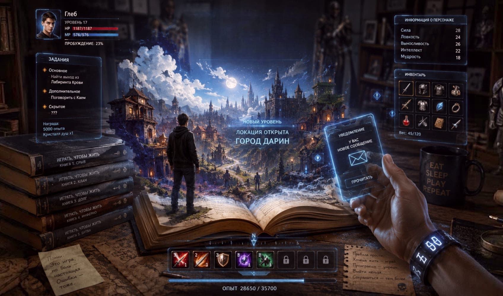 Иллюстрация к популярному книжному циклу в жанре ЛитРПГ  «Играть, чтобы жить» писателя Дмитрия Руса. Издательство: «Эксмо» 