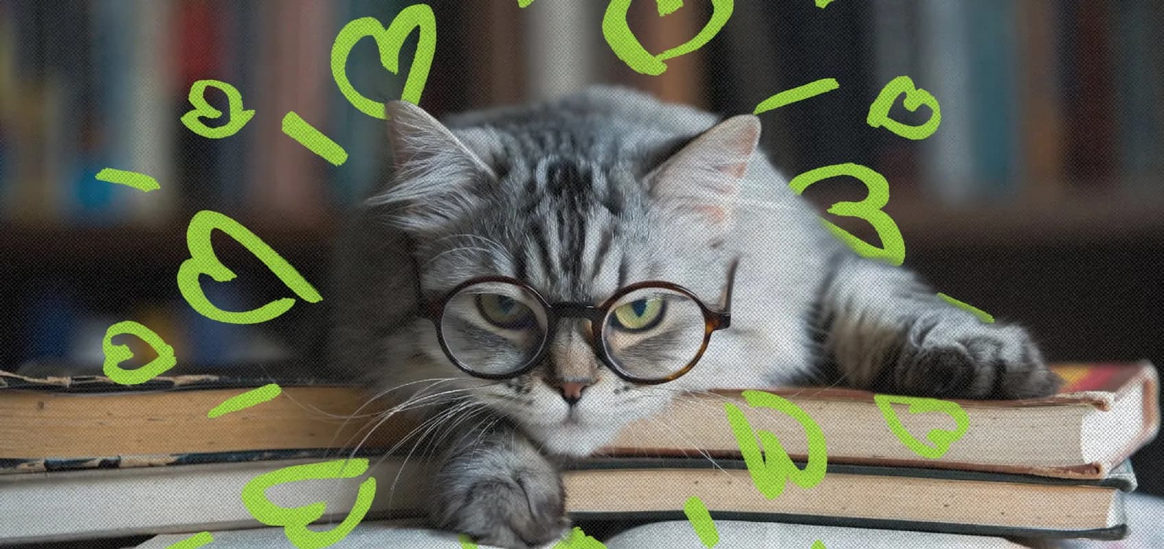 Кадр кота в очках, читающего книги