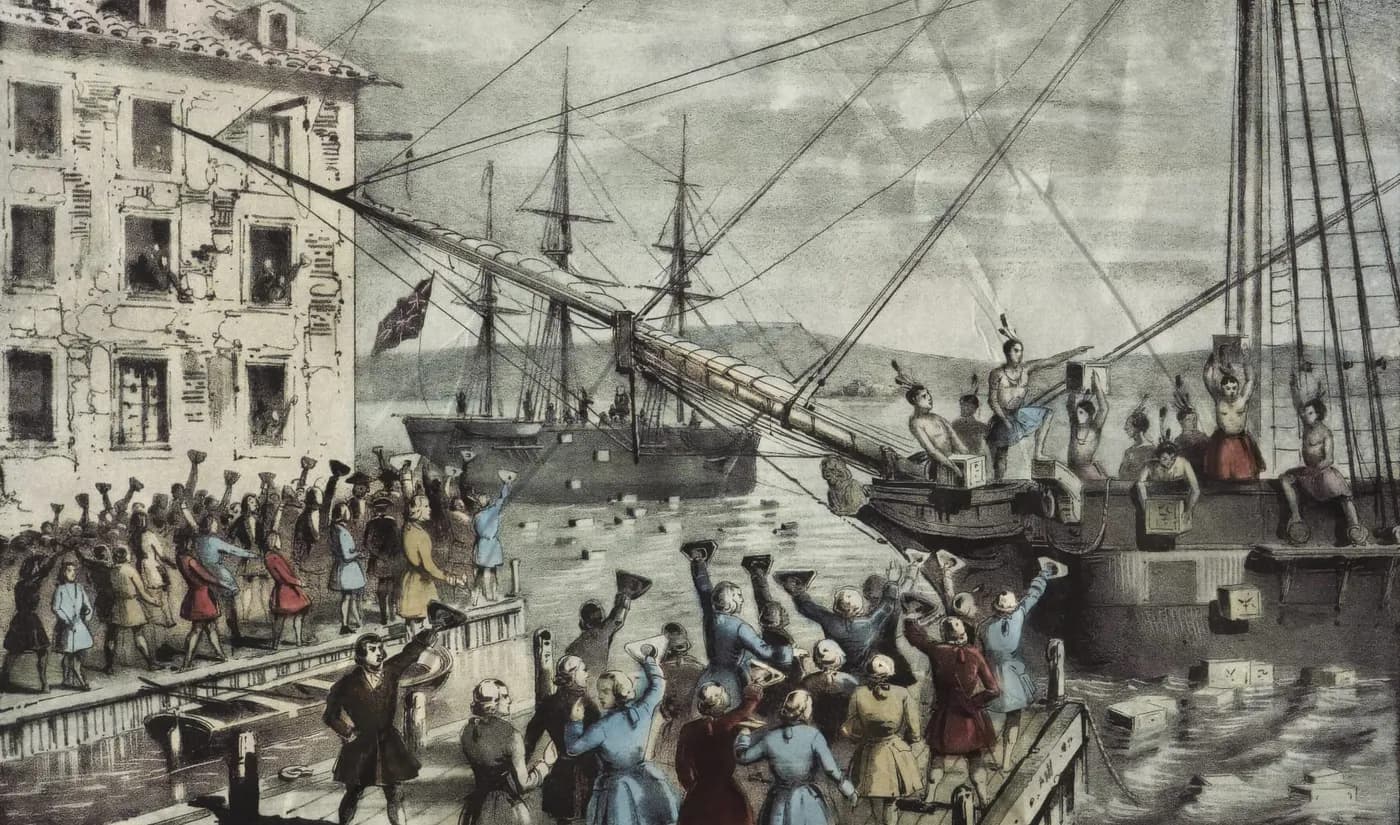 «Уничтожение чая в Бостонской гавани». Литография 1846 года