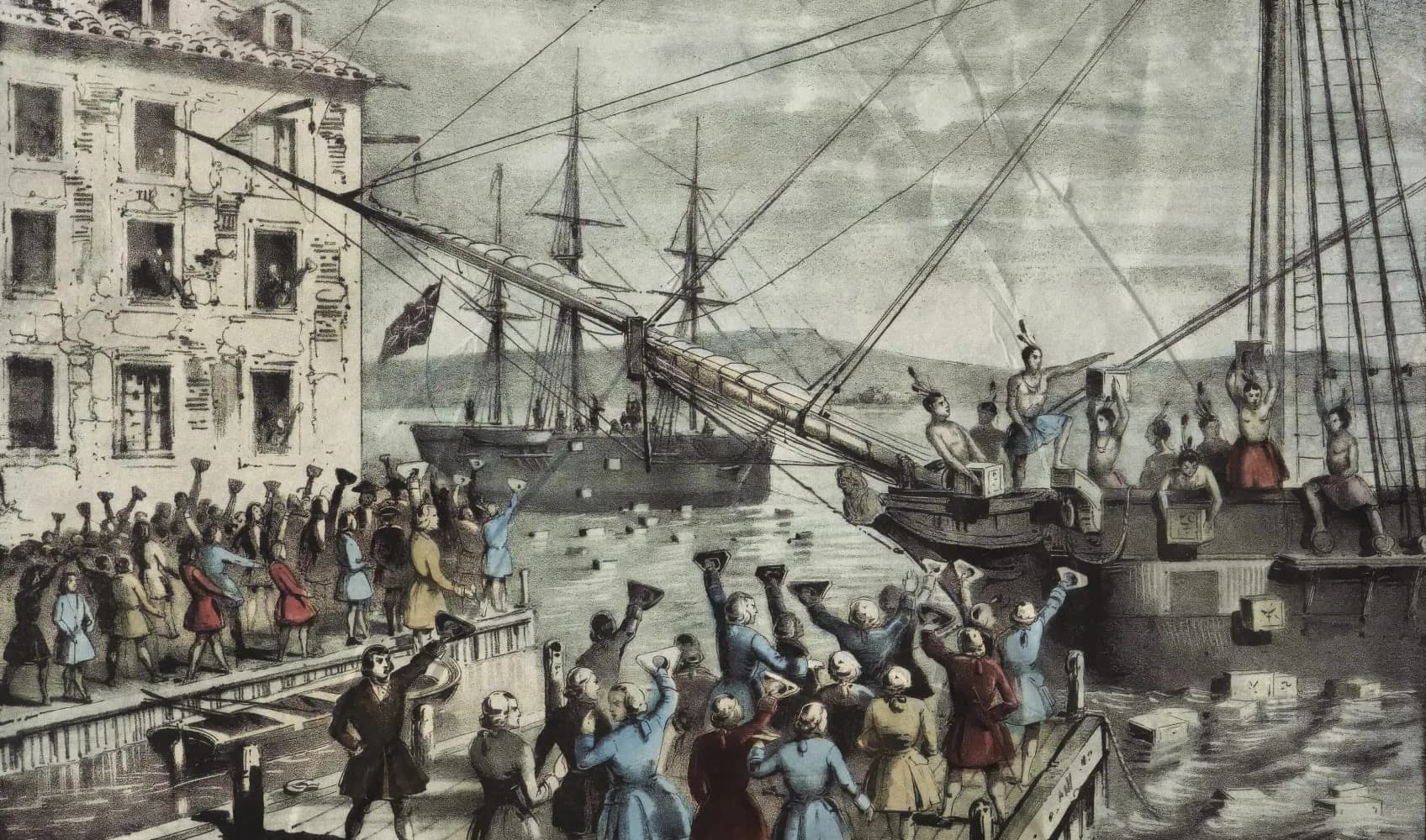 «Уничтожение чая в Бостонской гавани». Литография 1846 года