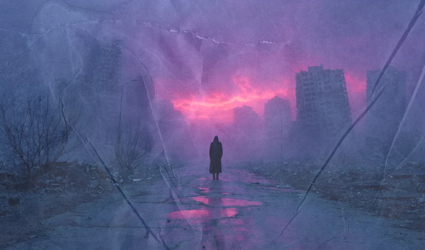 Человек уходит вдаль на фоне разрушенного города