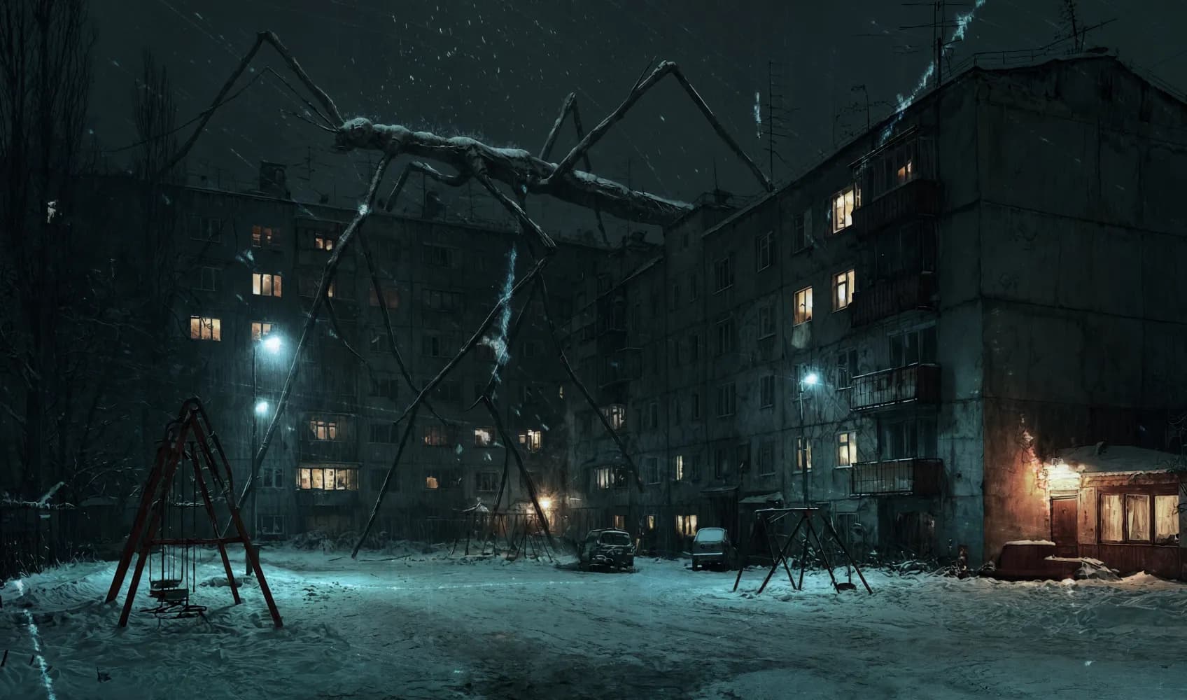 Заснеженный двор хрущевок, на крыше дома — гигантский монстр-палочник