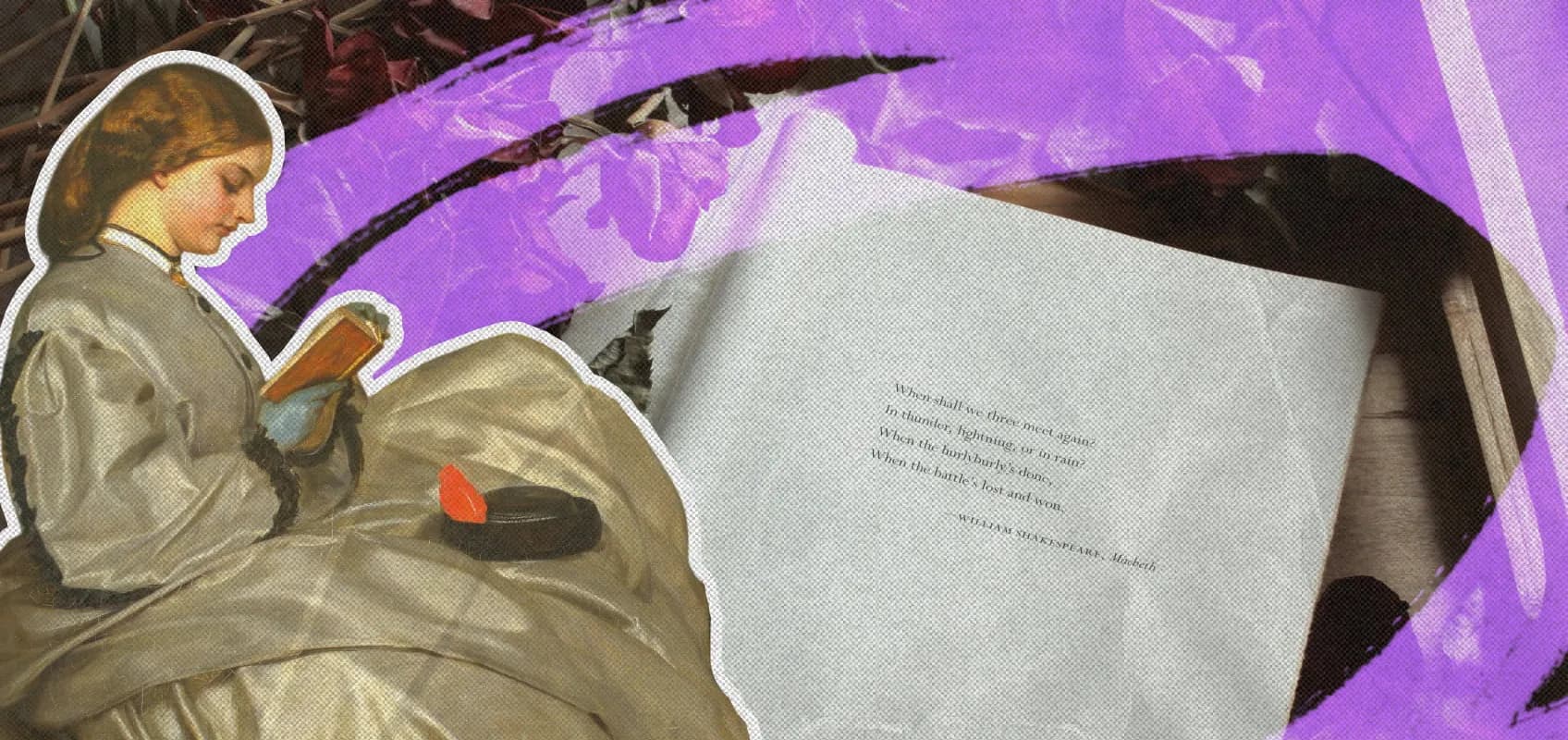 Коллаж: картина — женщна с книгой, на фоне — раскрытая книга в увядших розах