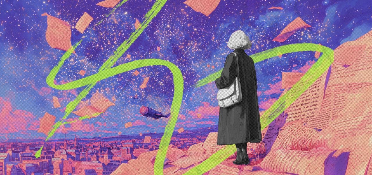 Девушка-путешественница стоит на краю обрыва, усеянного листами бумаги, и смотрит на город