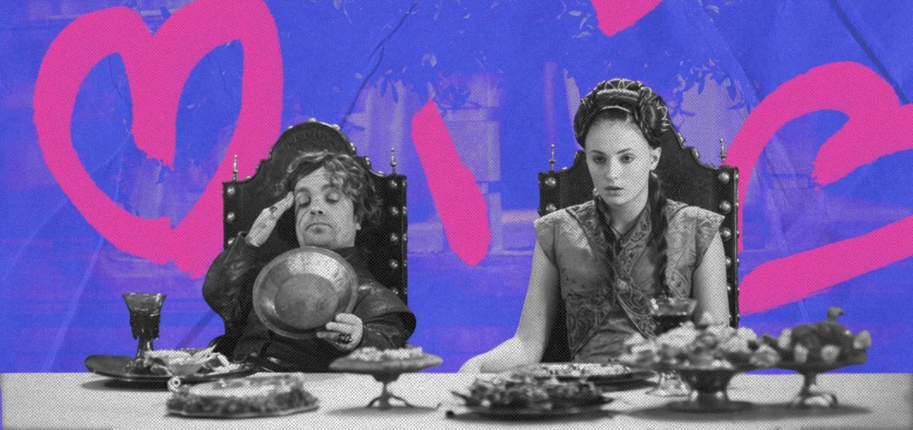 Кадр из сериала «Игра престолов»: Тирион Ланнистер (Питер Динклэйдж) и Санса Старк (Софи Тёрнер)