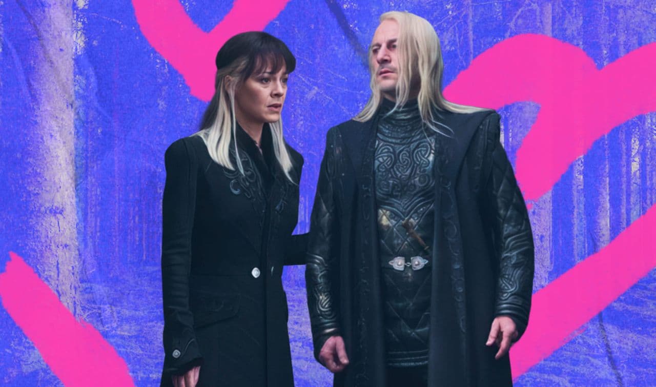 Кадр из фильма «Гарри Поттер и Дары Смерти: Часть 2»: Нарцисса Малфой (актриса Хелен Маккрори) и Люциус Малфой (актер Джейсон Айзекс)